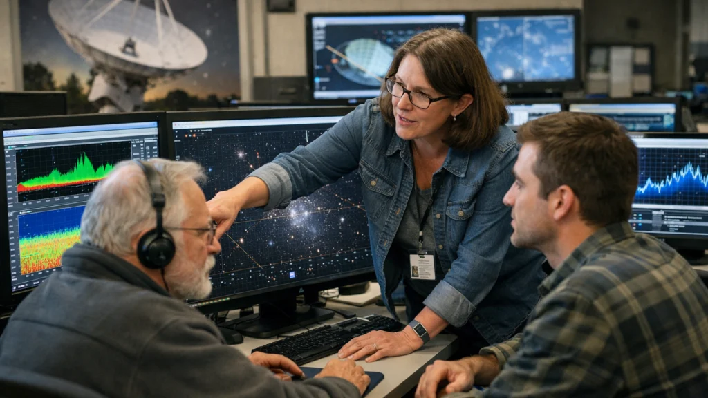 Znanstvenici u SETI kontrolnoj sobi analiziraju signale iz svemira