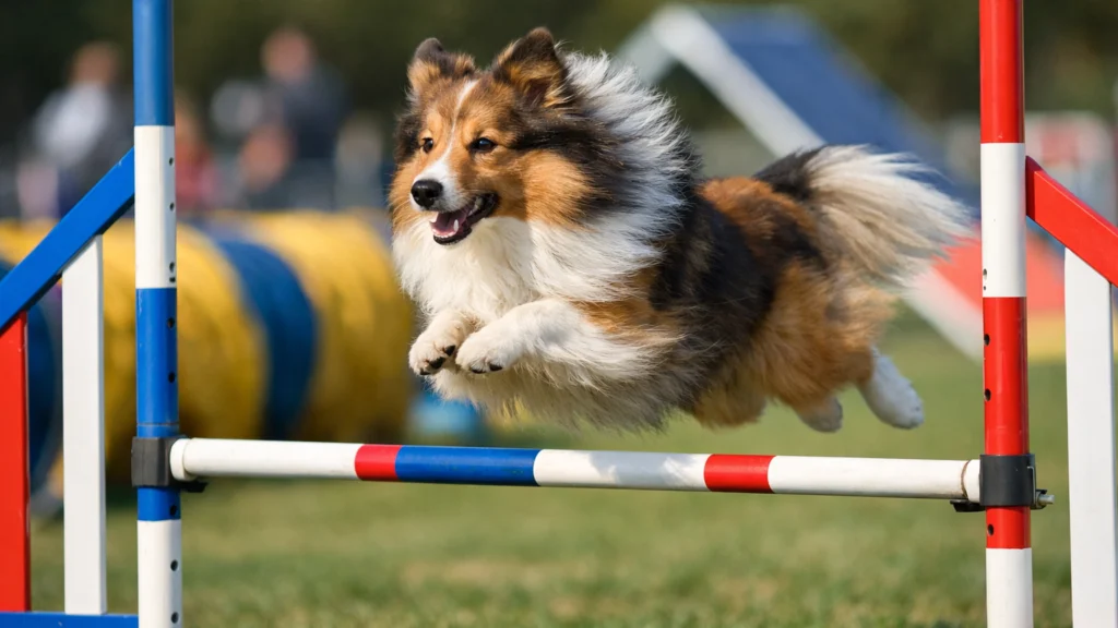 Shetlandski ovčar sudjeluje u agility sportu i preskače prepreku