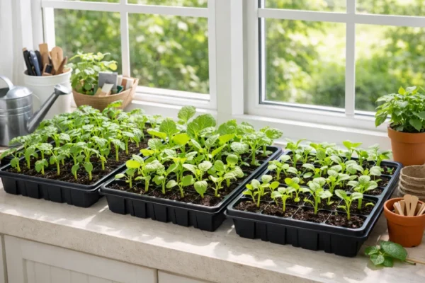 Sjetva u zatvorenom prostoru s mladim presadnicama povrća na prozorskoj dasci