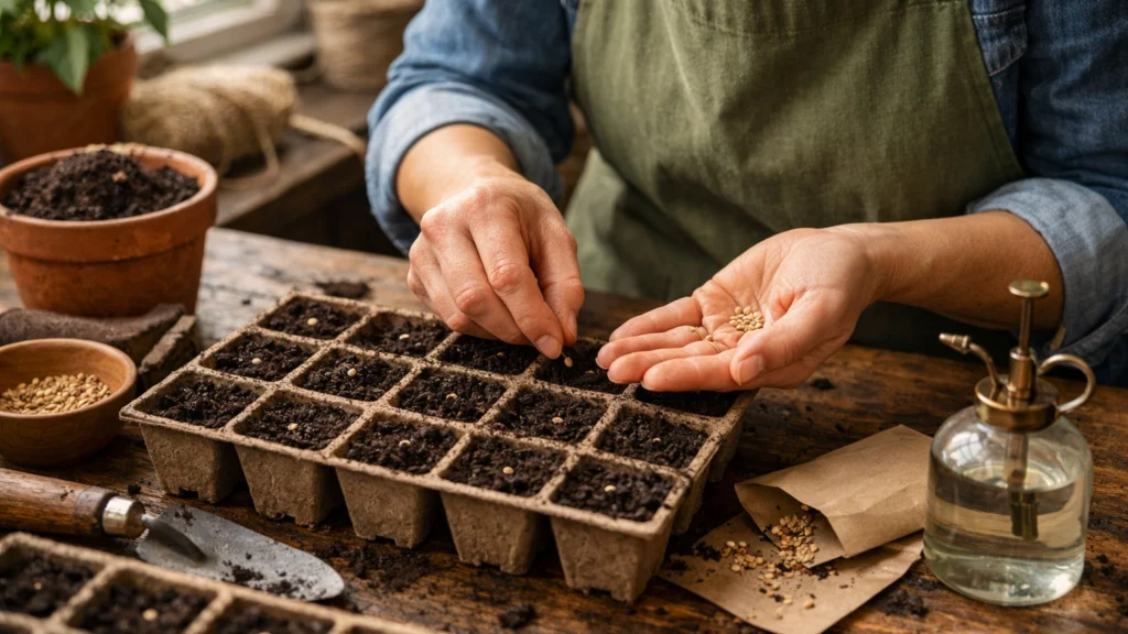 Početak sjetve u zatvorenom prostoru s ručnim sijanjem sjemena
