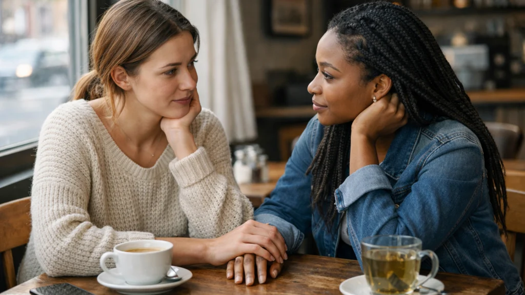 Razgovor prijatelja koji pokazuje emocionalnu socijalnu podršku i smanjenje stresa