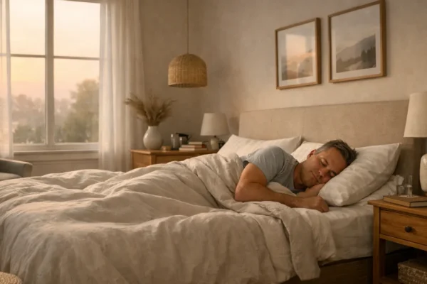 Mirna osoba koja spava u spavaćoj sobi, simbol povezanosti sna i mentalnog zdravlja