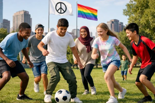 Mladi različitih kultura zajedno igraju nogomet u parku, sport kao alat mira, suradnje i društvene povezanosti