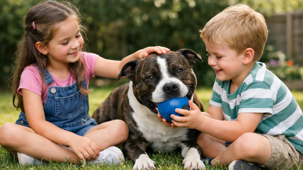 Staffordshire bull terijer kao obiteljski pas u igri s djecom