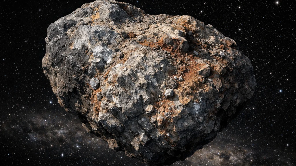 Asteroid u svemiru s vidljivom stjenovitom i metalnom strukturom