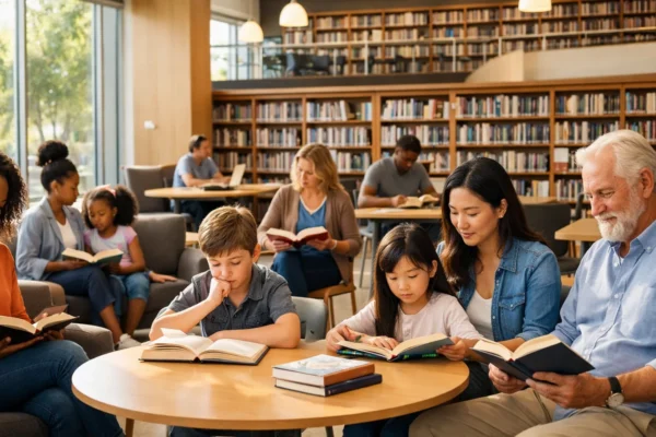 Svjetski dan knjige u modernoj knjižnici, odrasli i djeca čitaju knjige, poticanje čitalačkih navika svih generacija