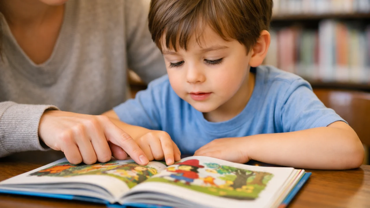 Roditelj i dijete zajedno čitaju knjigu u knjižnici, rano poticanje čitanja i razvoj navike čitanja kod djece