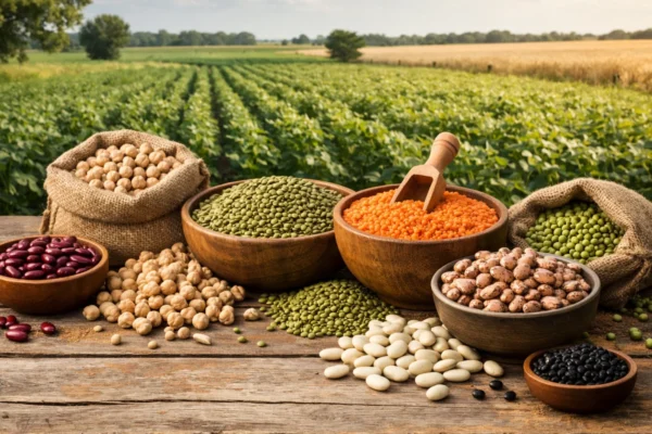 Razne mahunarke poput graha, leće i slanutka koje simboliziraju zdravu prehranu i održivu poljoprivredu na Svjetski dan mahunarki