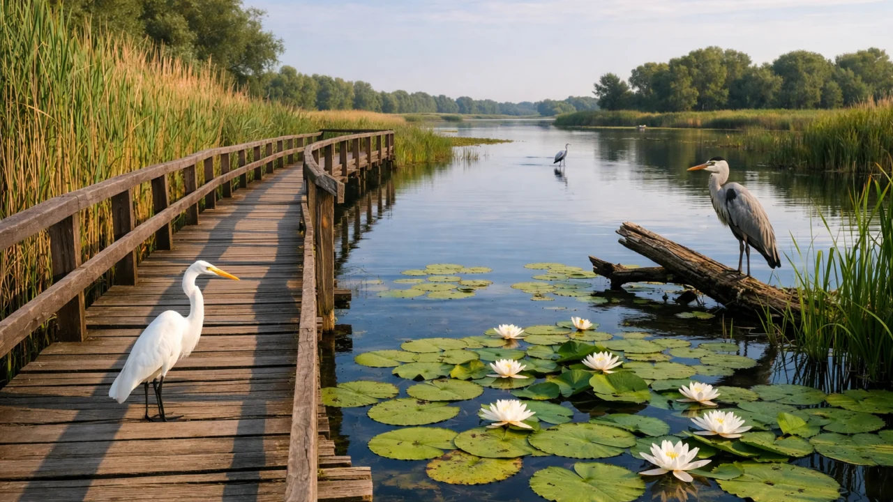 Zaštićeno močvarno područje Kopački rit s pticama i vodenom vegetacijom, primjer očuvanja biološke raznolikosti u Hrvatskoj
