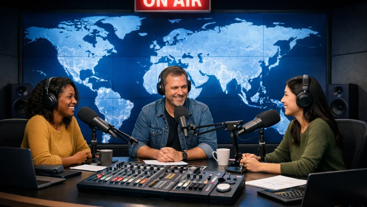 Svjetski dan radija prikaz kroz moderan radijski studio koji simbolizira globalni utjecaj radija i UNESCO inicijativu