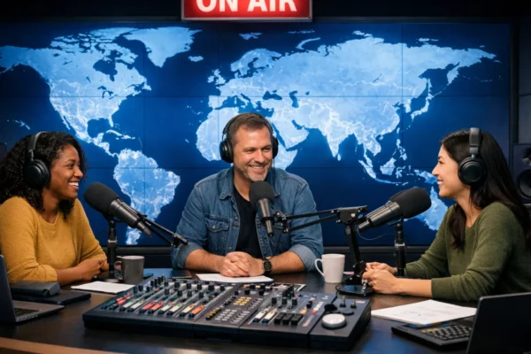 Svjetski dan radija prikaz kroz moderan radijski studio koji simbolizira globalni utjecaj radija i UNESCO inicijativu