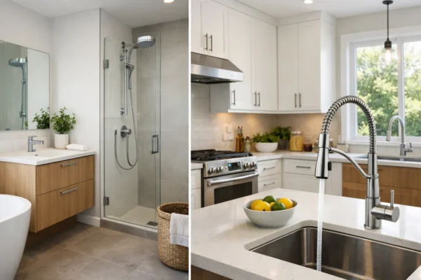 Štednja vode u kućanstvu prikazana kroz modernu kupaonicu i kuhinju s učinkovitim armaturama