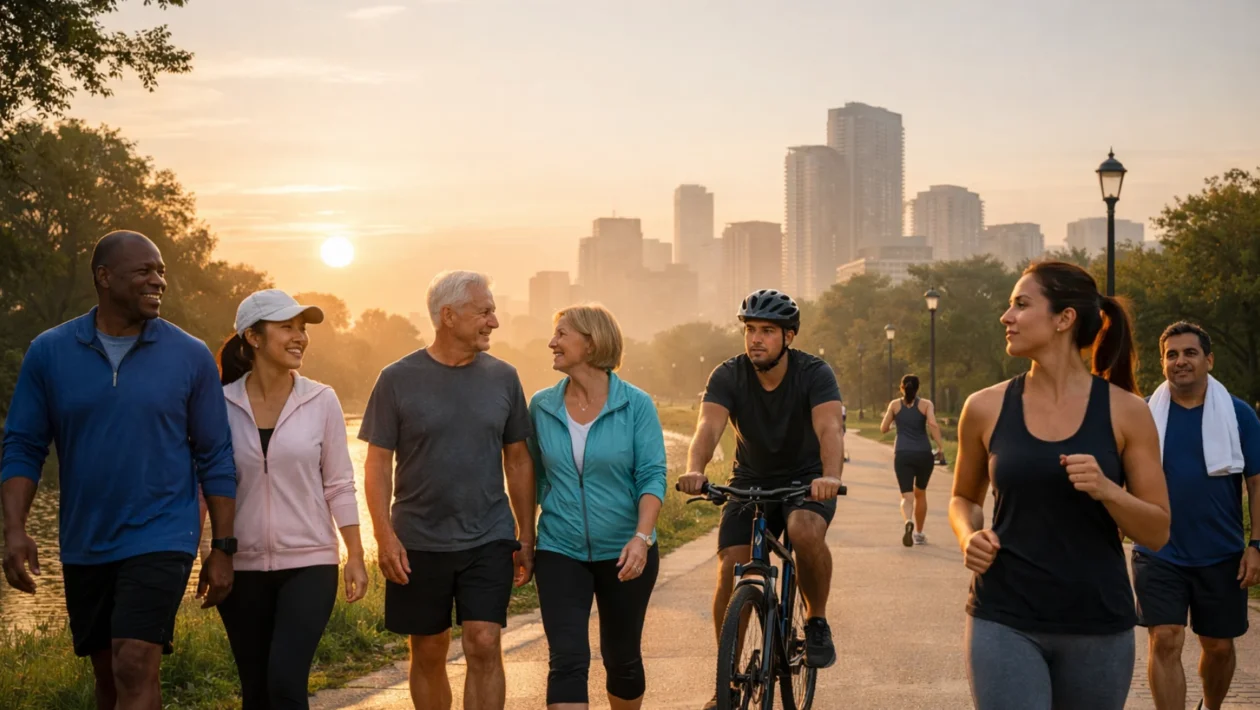 Svjetski dan zdravlja – ljudi hodaju i voze bicikl u parku, simbol malih zdravih navika i prevencije