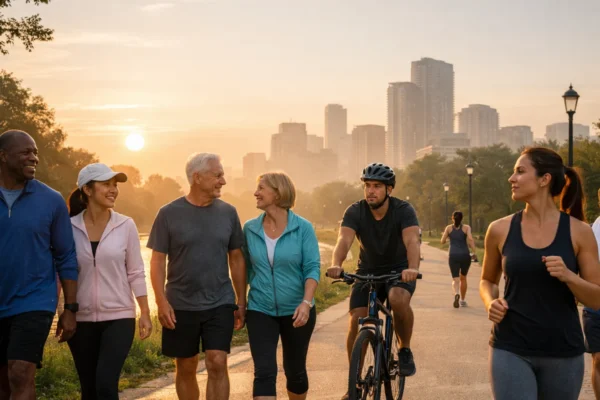 Svjetski dan zdravlja – ljudi hodaju i voze bicikl u parku, simbol malih zdravih navika i prevencije