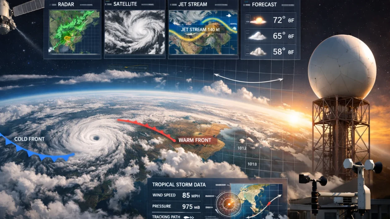 Svjetski meteorološki dan, globalna vremenska prognoza s oblakama, satelitima i kartama, klimatski podaci i sigurnost