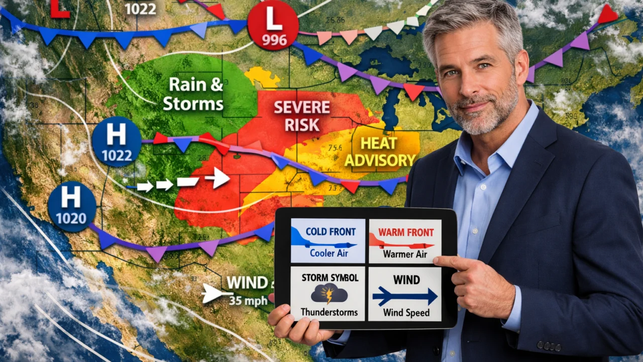 Vremenska karta s upozorenjima u boji, simboli za vjetar i tlak, razumijevanje prognoze i sigurnosna upozorenja