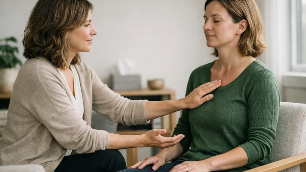 Terapeut i klijent promatraju disanje i tjelesne signale tijekom tjelesno orijentirane terapije