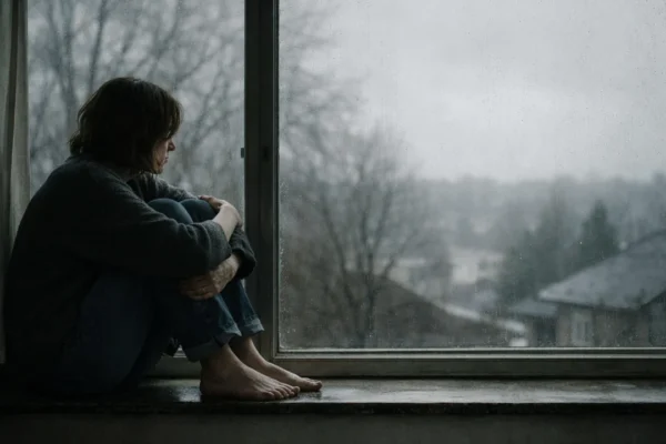 Osoba u tišini promatra kroz prozor, simbol tuge i procesa žalovanja