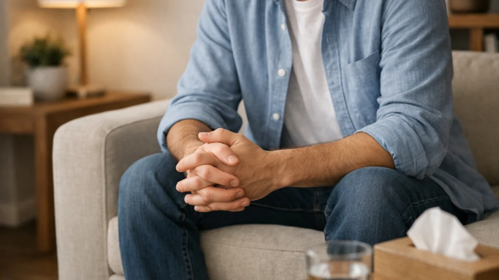 Osoba u mirnom prostoru razmišlja o emocijama i fazama žalovanja