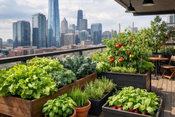 Urbano vrtlarenje na gradskom balkonu s povrćem i pogledom na grad