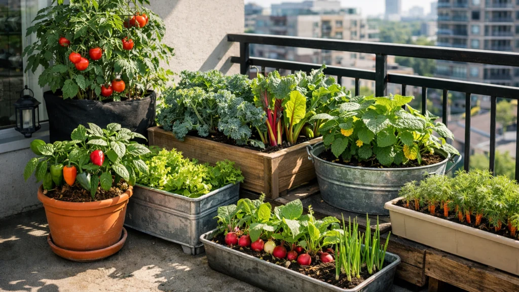 Posude s povrćem na sunčanom balkonu kao osnova urbanog vrtlarenja