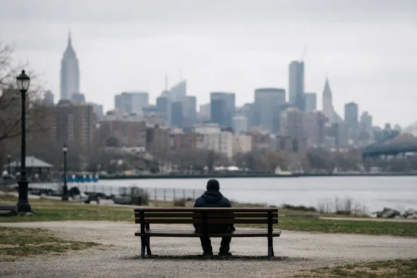 Osoba koja sjedi sama na klupi u gradu, simbol usamljenosti i emocionalne distance