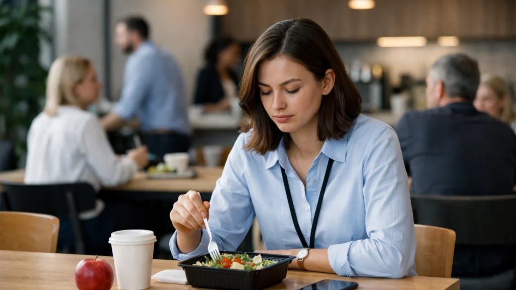 Osoba sama na pauzi za ručak na poslu, primjer usamljenosti unatoč ljudima oko sebe