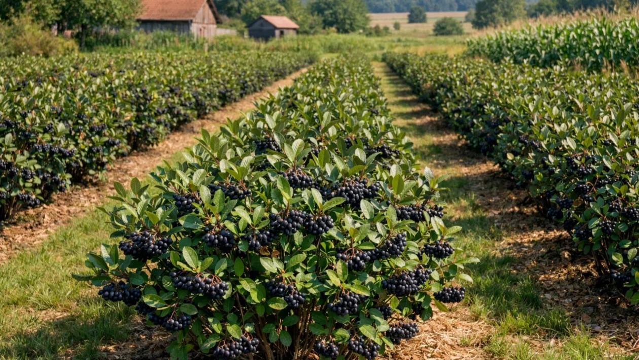 Uzgoj aronije u vrtu s bujnim grmovima i zrelim plodovima
