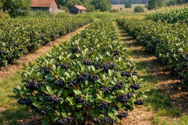 Uzgoj aronije u vrtu s bujnim grmovima i zrelim plodovima