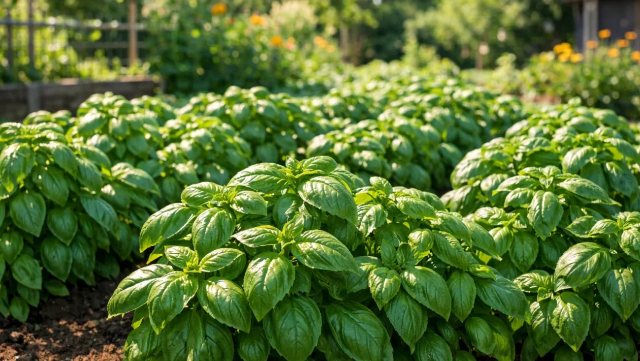 Uzgoj bosiljka u vrtu s bujnim zelenim listovima na sunčevoj svjetlosti