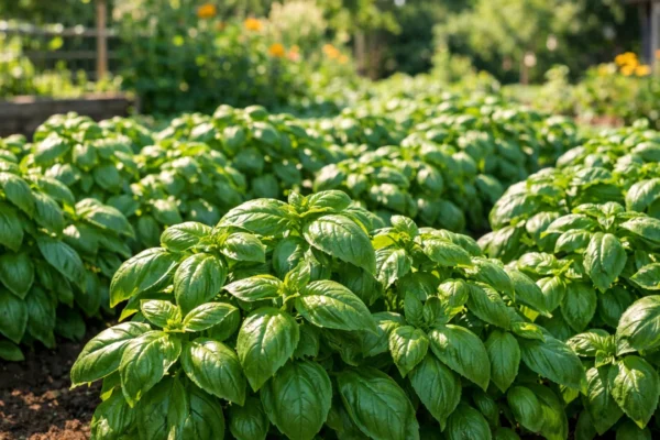 Uzgoj bosiljka u vrtu s bujnim zelenim listovima na sunčevoj svjetlosti