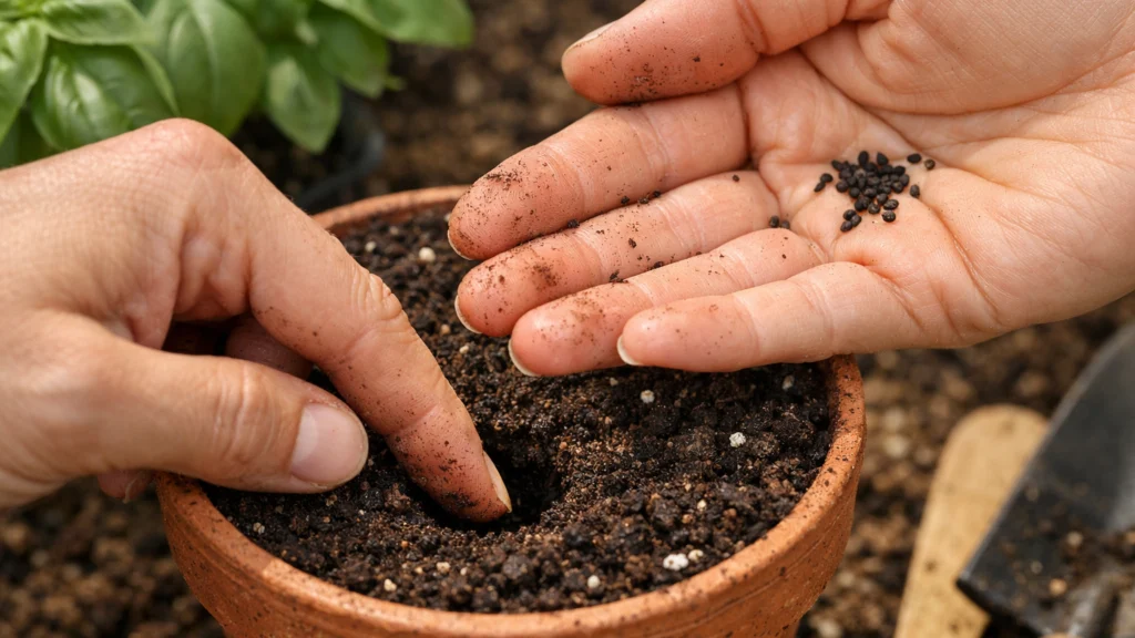 Sjetva sjemena bosiljka u posudu za uzgoj