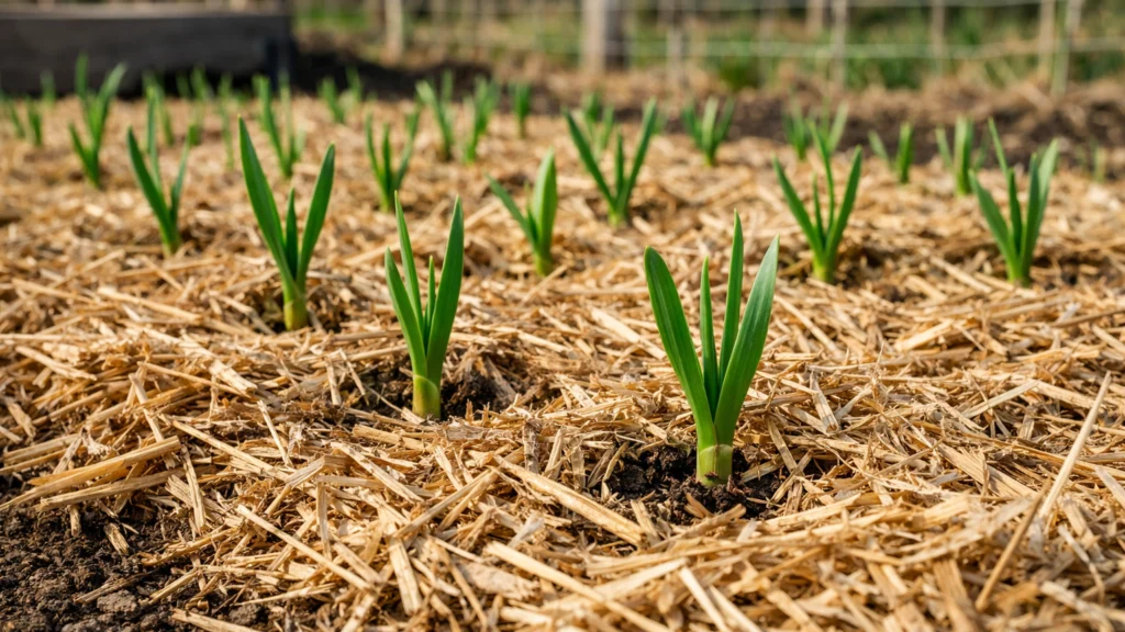 Malčiranje gredica češnjaka slamom radi zaštite tla i vlage