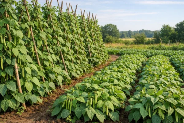 Uzgoj graha penjačica i niskog graha u vrtu s vidljivim zdravim biljkama