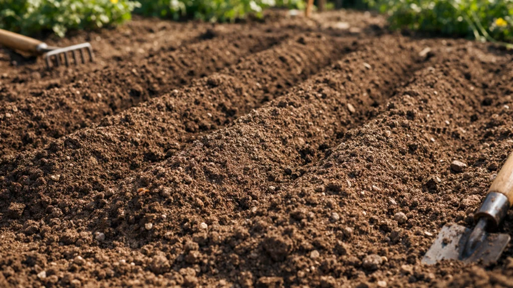 Pripremljeno tlo za sadnju graha na sunčanom položaju