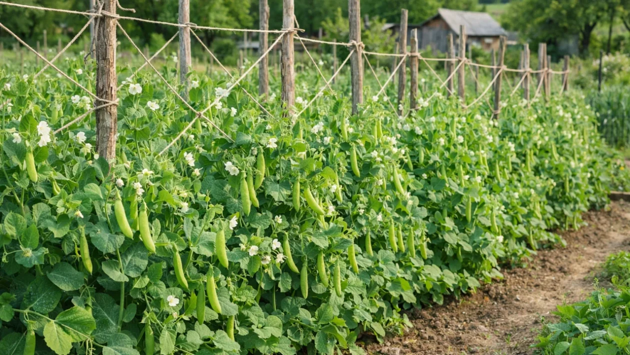 Uzgoj graška na potporama u proljetnom vrtu s bogatim zelenim biljkama