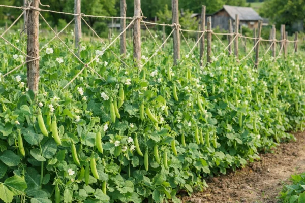 Uzgoj graška na potporama u proljetnom vrtu s bogatim zelenim biljkama