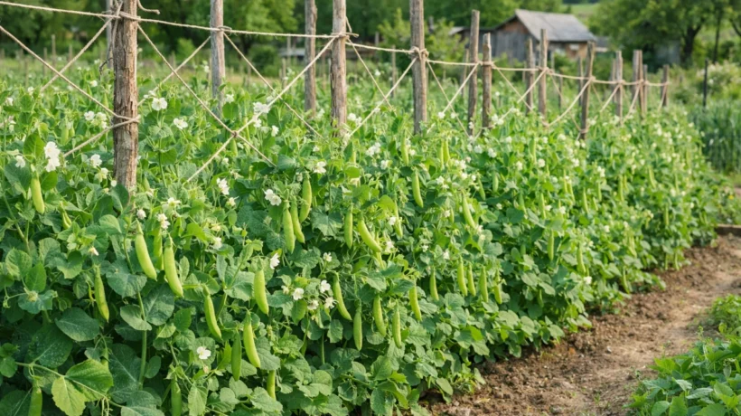 Uzgoj graška na potporama u proljetnom vrtu s bogatim zelenim biljkama