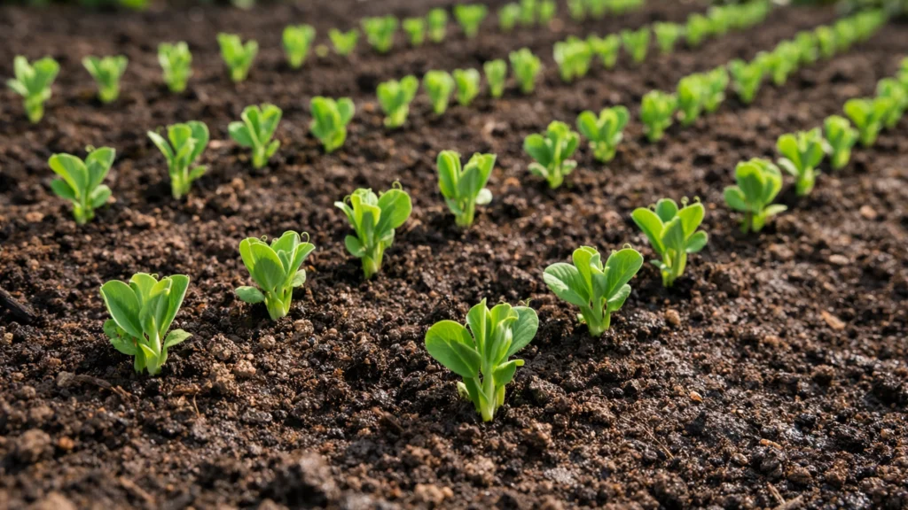 Mladi izdanci graška u ranoj fazi rasta u vrtu