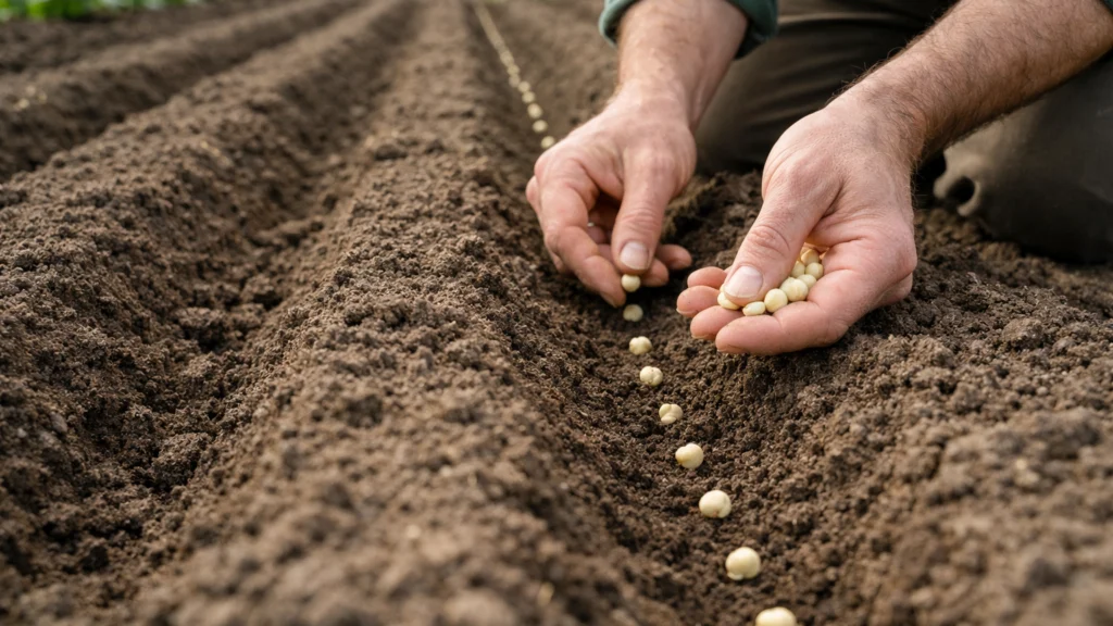 Sjetva graška u pravilne redove u povrtnjaku