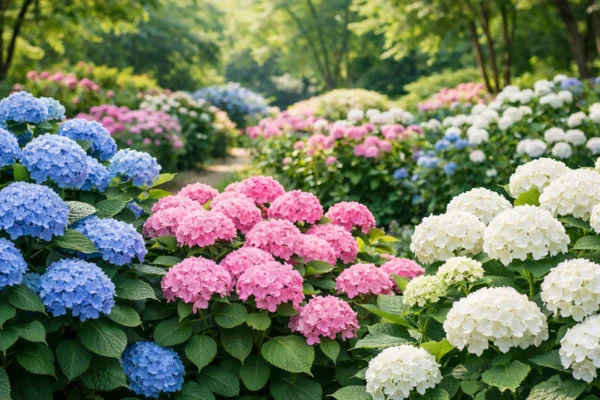 Bujne hortenzije u vrtu različitih boja cvijeta tijekom ljetnog cvjetanja