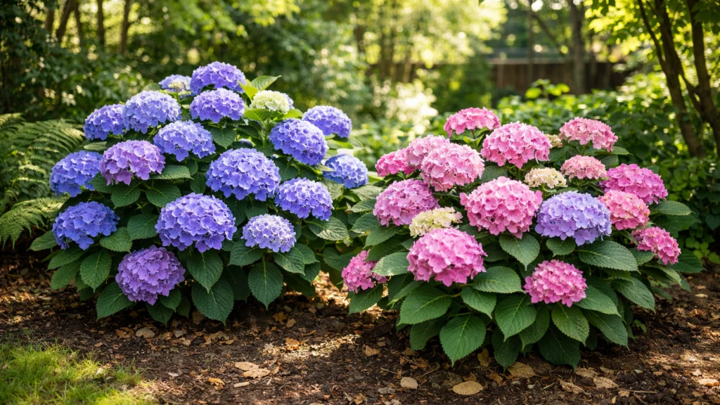 Hortenzije posađene na polusjenovitom mjestu u vrtu