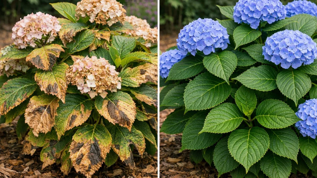 Oštećeni listovi hortenzije zbog prejakog sunca