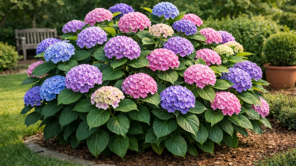 Zdrava i njegovana hortenzija s bogatim cvjetovima u vrtu