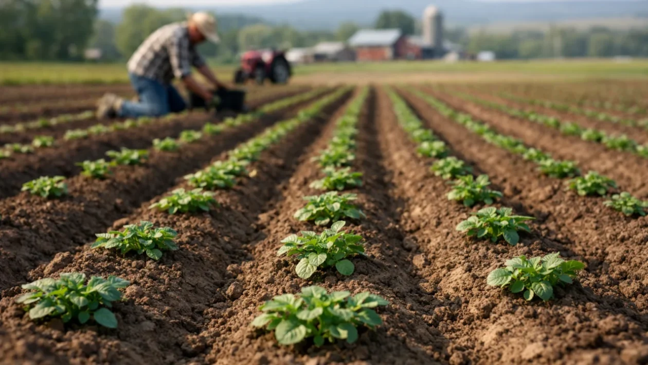 Uzgoj krumpira na polju s pravilnim redovima i mladim biljkama