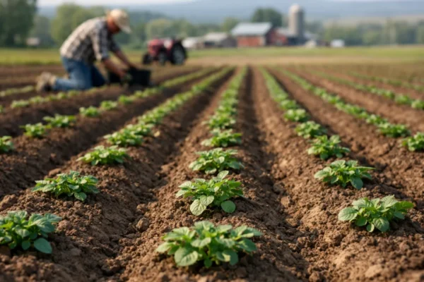 Uzgoj krumpira na polju s pravilnim redovima i mladim biljkama