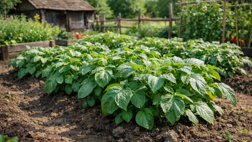 Uzgoj krumpira u kućnom vrtu s razvijenim zelenim biljkama