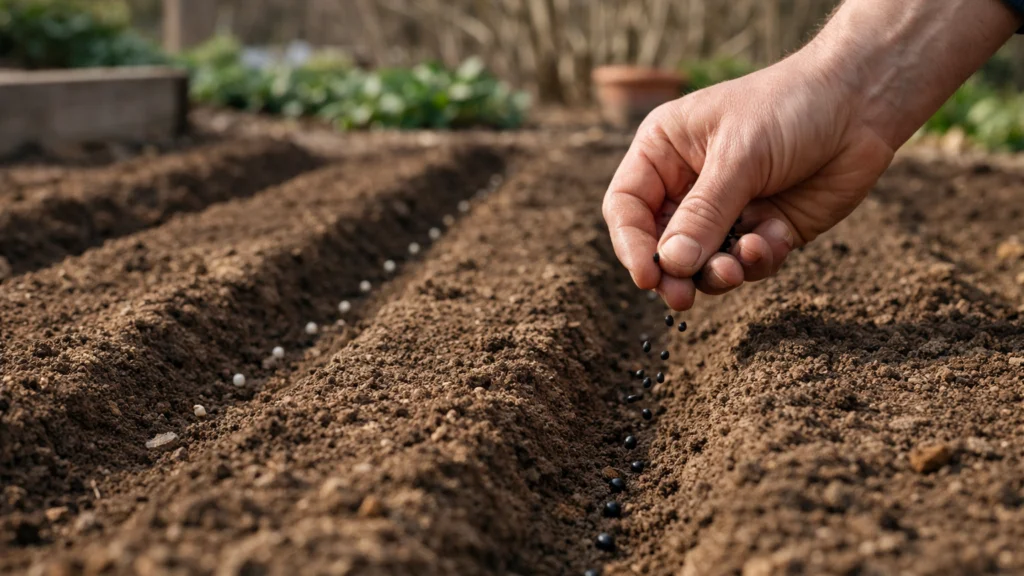 Sjetva luka iz sjemena u plitke redove u proljeće