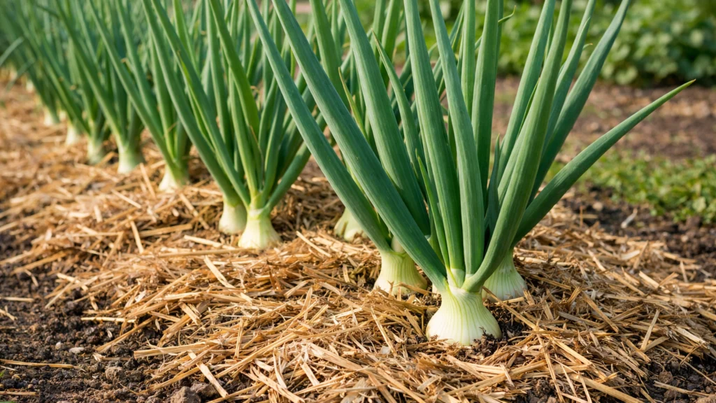 Malčiranje luka slamom radi zadržavanja vlage i smanjenja korova