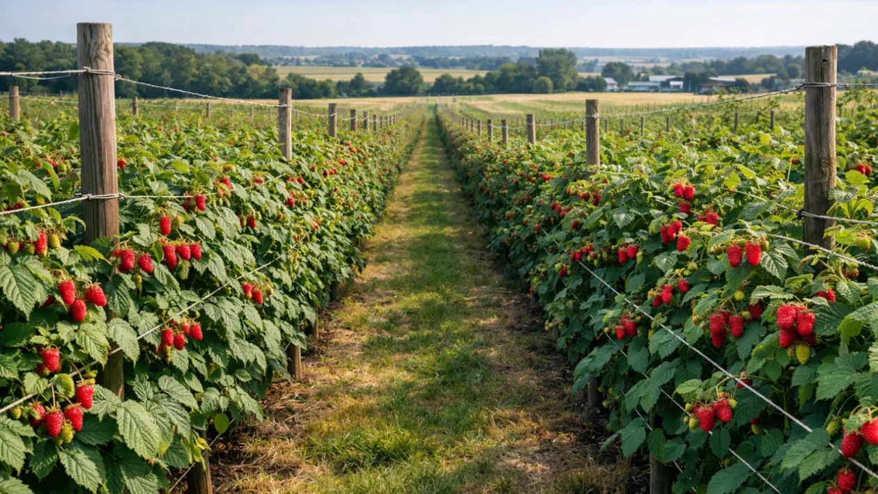 Nasad malina s postavljenim potporama i zdravim izdancima u punom rastu